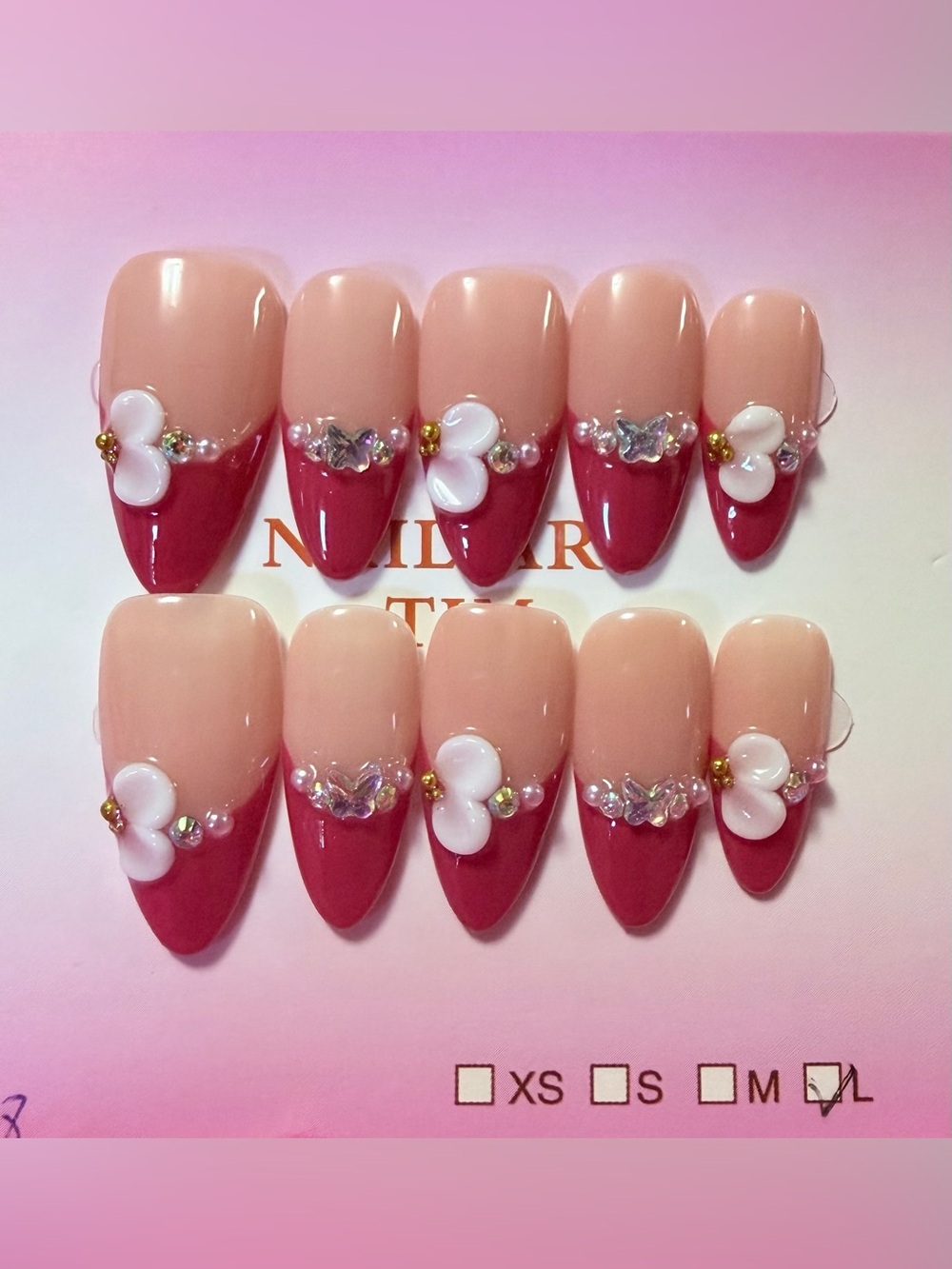Nude & Berry Pink French Tip Press-On Nails with 3D Heart Accents